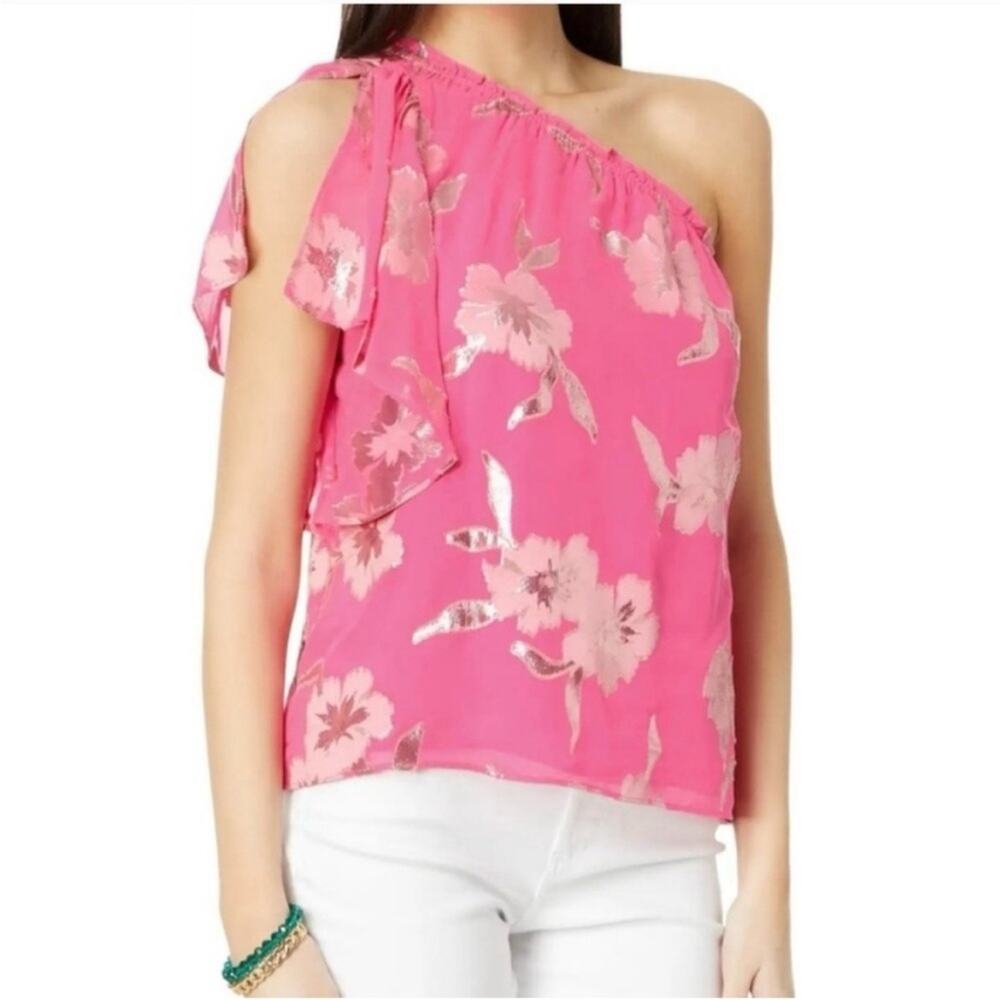 NWT Lilly Pulitzer Sarahleigh Silk Blend One Shoulder Top‎ Roxie Pink Sz M